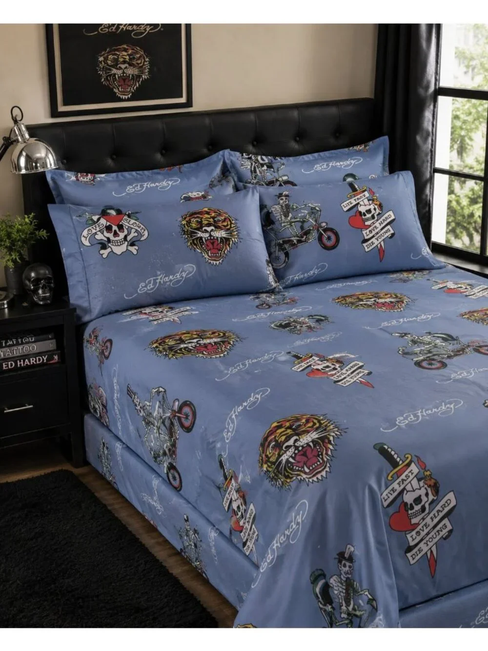 Ed Hardy Queen Sheet Set 6-Piece w 4 Pillowcases Blue Skull Cross Sheets - NEW